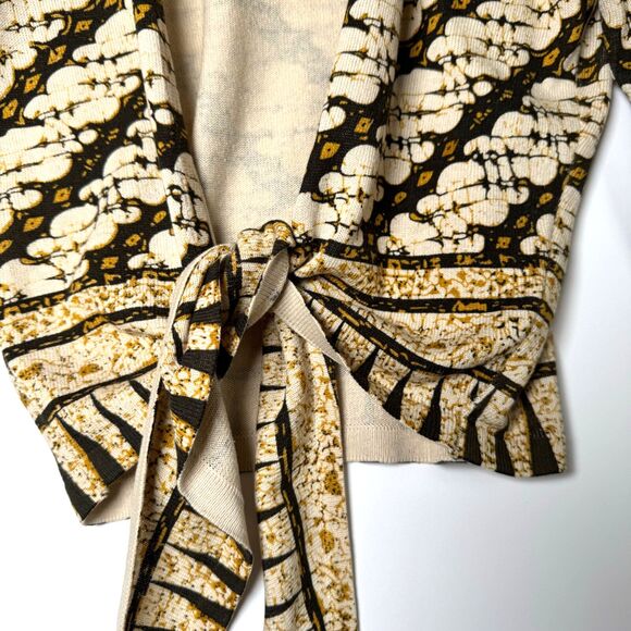 Isabella Bird Anthropologie Silk Cardigan Small Beige Black Geometric Tie Front - Picture 3 of 12